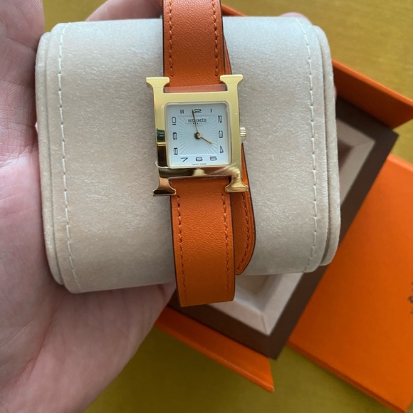 Hermes Heure H Mini Watch - Orange with Gold Face and Double-Length Strap - Picture 3 of 8